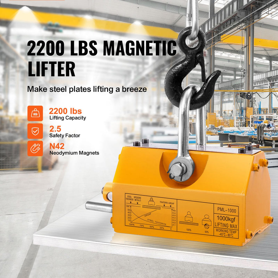 Magnetic Lifter, 1000kg Pulling Capacity, 2.5 Safety Factor, Neodymium & Steel, Lifting Magnet with Release, Permanent Lift Magnets, Heavy Duty Magnet for Hoist, Shop Crane, Block, Board
