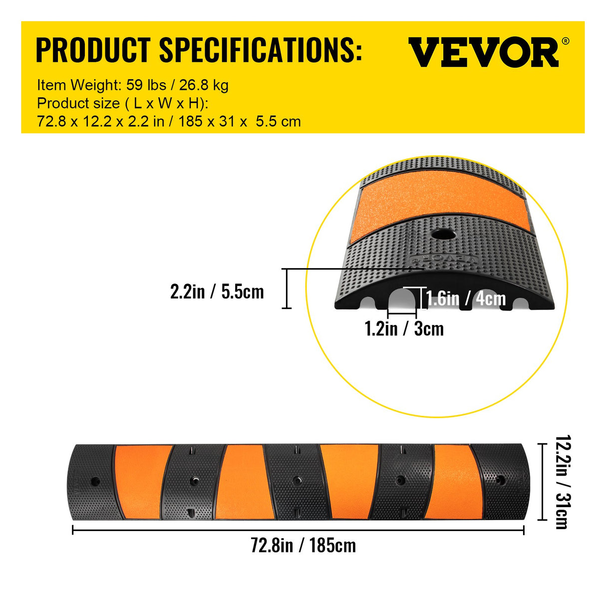 VEVOR Rubber Speed Bump, 1 Pack 2 Channel Speed Bump Hump, 72" Long Modular Speed Bump Rated 22000 LBS Loading, 72.8 x 12.2 x 2.2 Garage Speed Bump