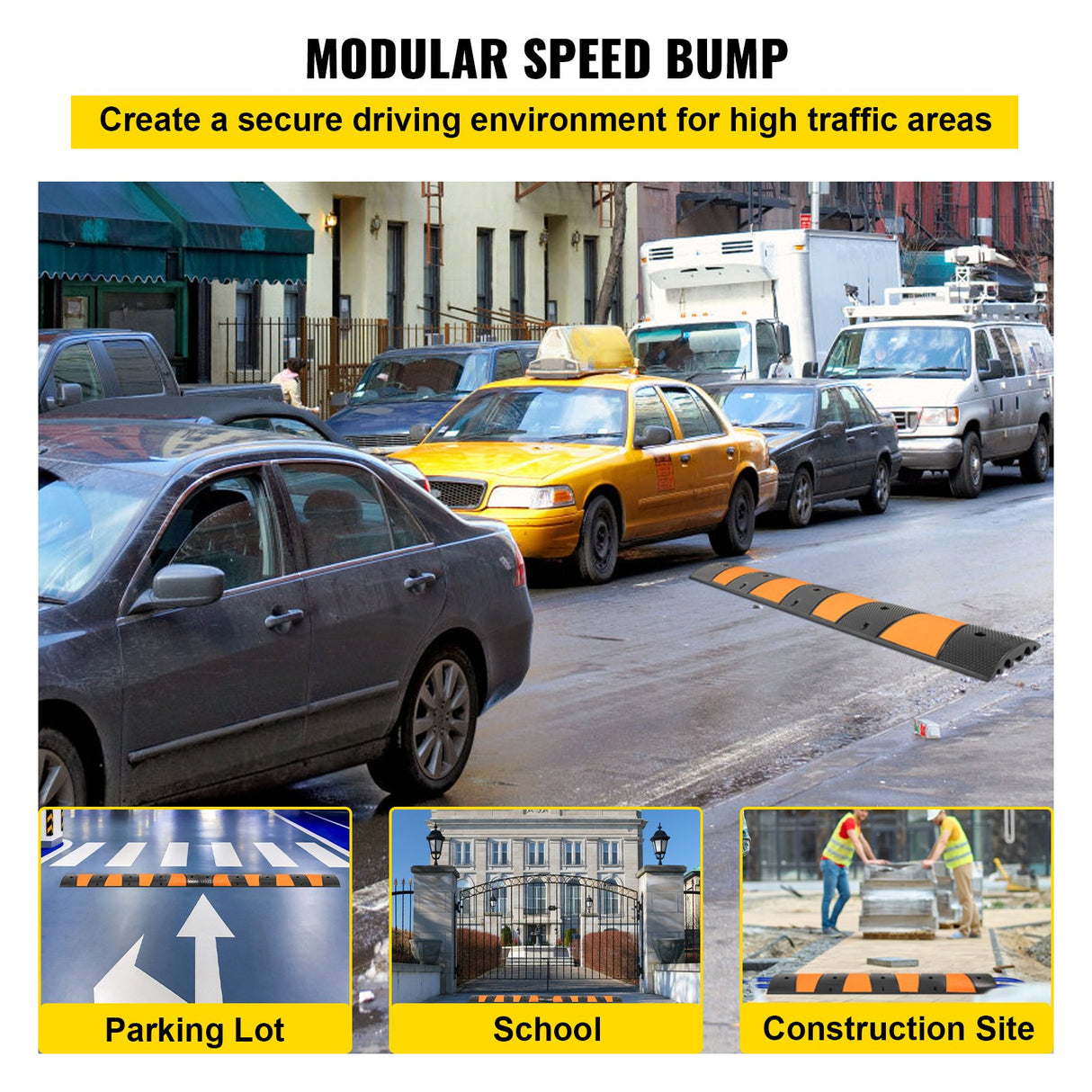 VEVOR Rubber Speed Bump, 1 Pack 2 Channel Speed Bump Hump, 72.8\" Long Modular Speed Bump Rated 22000 LBS Load Capacity, 72.8 x 12.2 x 2.2 Garage Speed Bump for Asphalt Concrete Gravel Driveway-6 FT