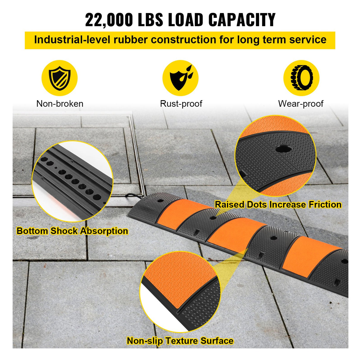VEVOR Rubber Speed Bump, 1 Pack 2 Channel Speed Bump Hump, 72.8\" Long Modular Speed Bump Rated 22000 LBS Load Capacity, 72.8 x 12.2 x 2.2 Garage Speed Bump for Asphalt Concrete Gravel Driveway-6 FT