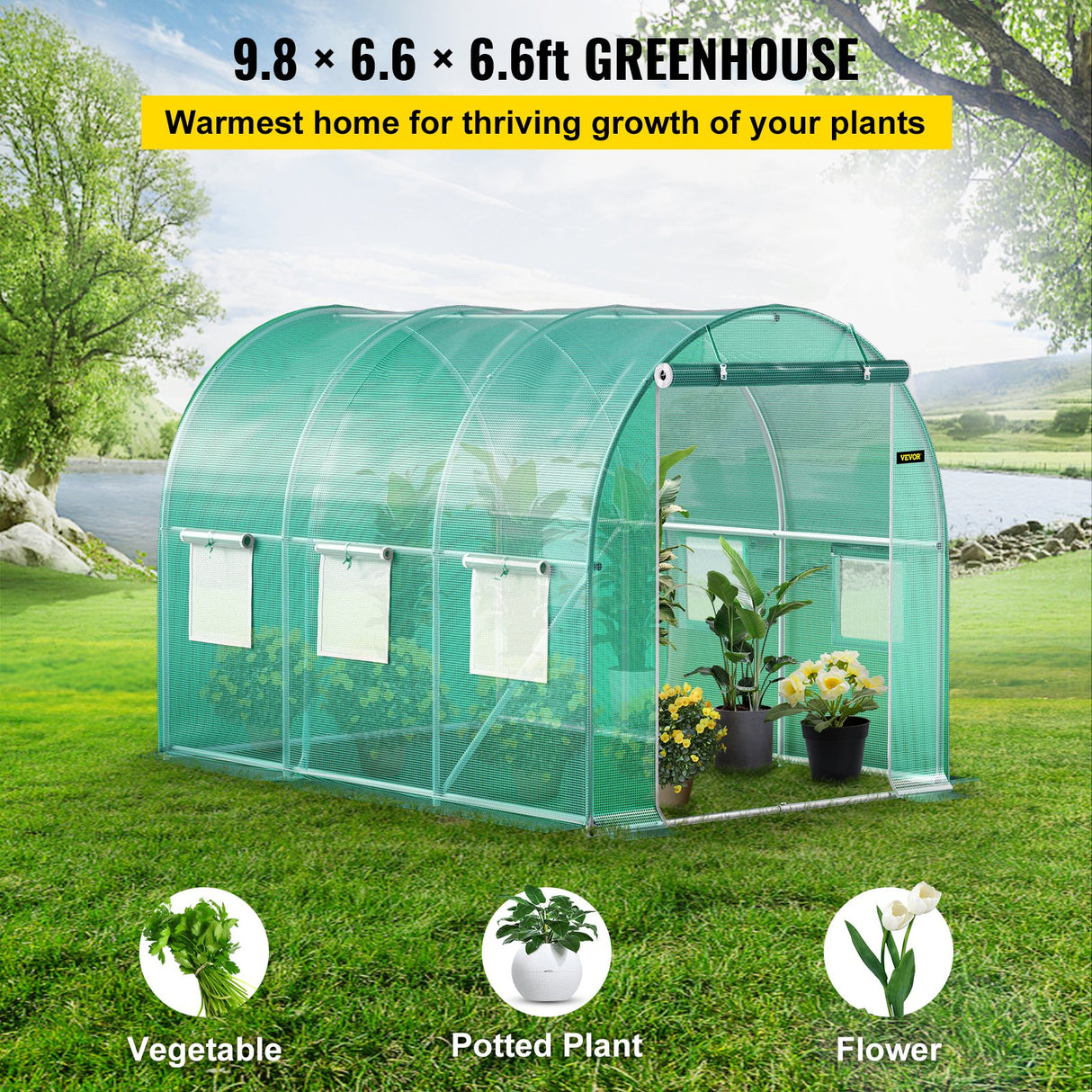 VEVOR Walk-in Tunnel Greenhouse, 3 x 2 x 2 m, Portable Plant Hot House with Galvanised Steel Frame, 1 Top Bar, Diagonal Poles, Zipper Door and 6 Roll-