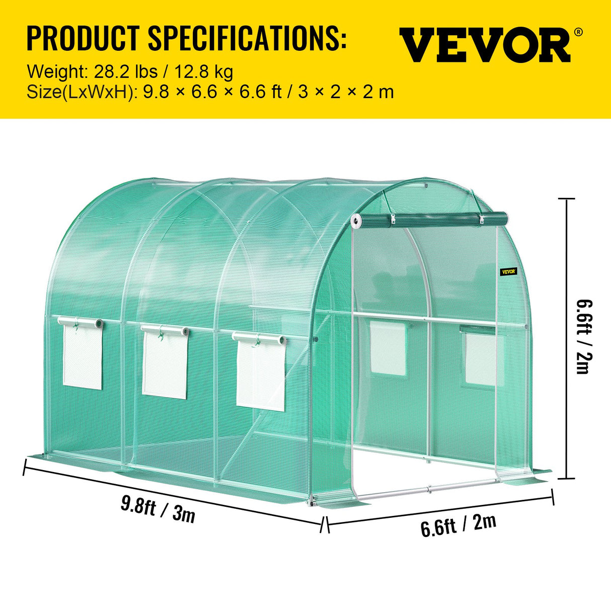 VEVOR Walk-in Tunnel Greenhouse, 3 x 2 x 2 m, Portable Plant Hot House with Galvanised Steel Frame, 1 Top Bar, Diagonal Poles, Zipper Door and 6 Roll-