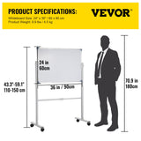 VEVOR Mobile Dry Erase Board Magnetic Whiteboard w/ Stand 60 x 90cm Double Sided - Close-Up Angle