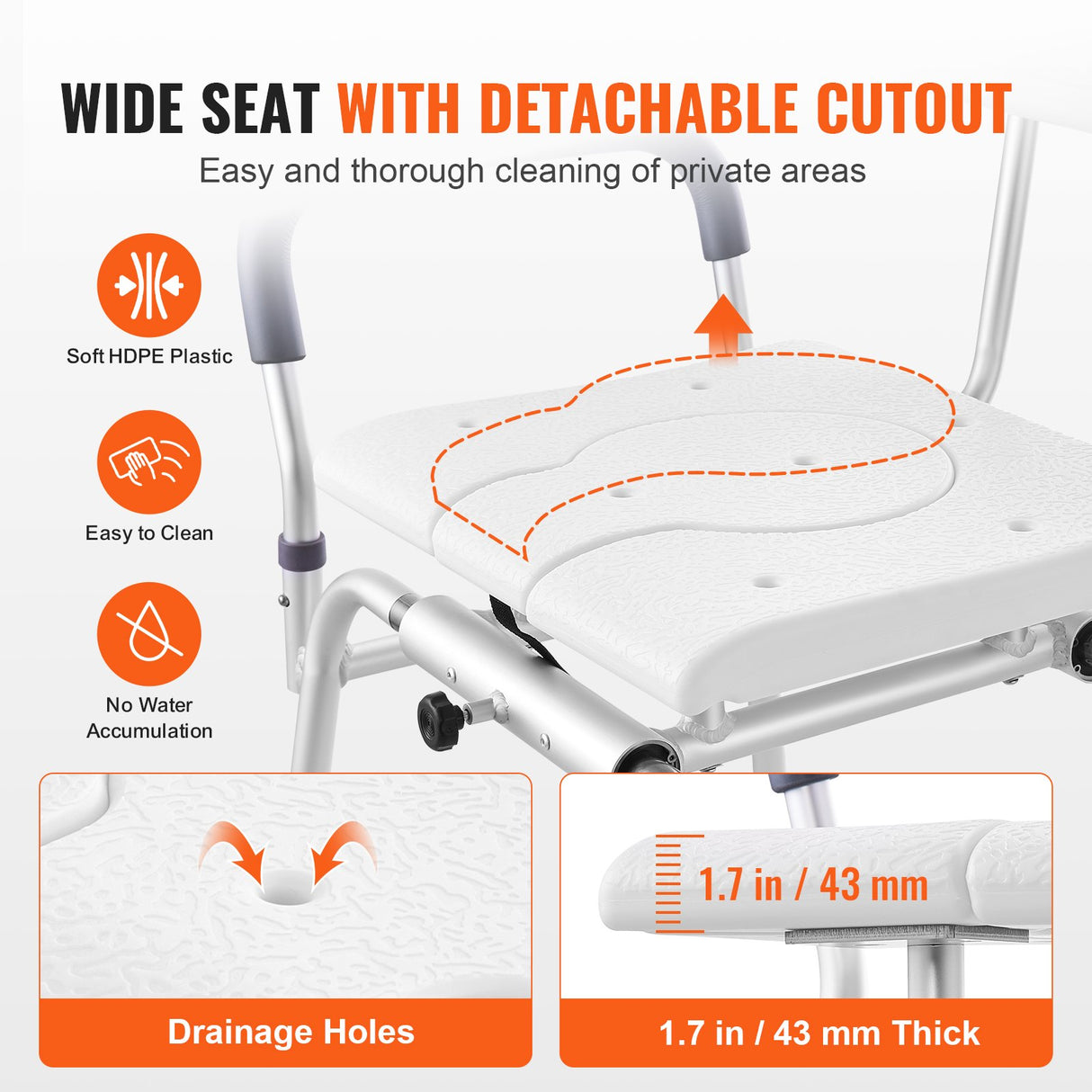 VEVOR Sliding Tub Transfer Bench Shower Chair & Cut-Out Seat Reversible Backrest