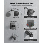 Tub and Shower Faucet Set, 127 mm Rainfall Shower Head and Bathtub Spout, Complete Single-Handle Tub Trim Kit with Brass Pressure Balancing Valve, 8-Setting Adjustable Spray Modes, Matte Black