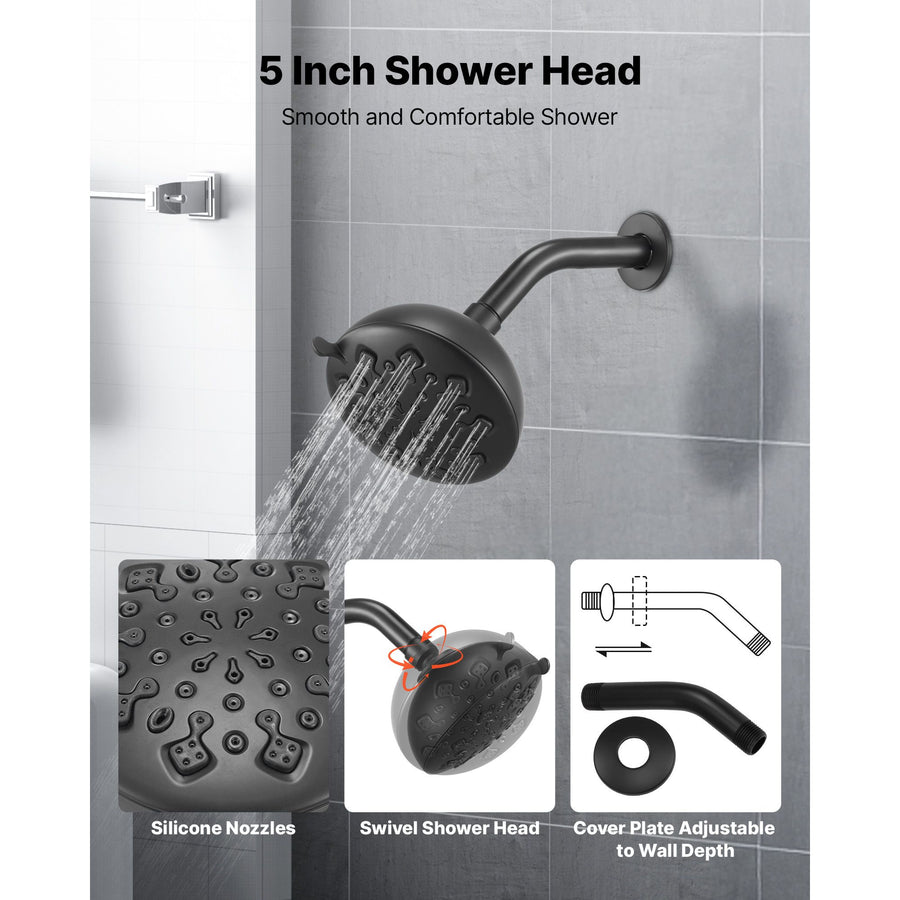 Tub and Shower Faucet Set, 127 mm Rainfall Shower Head and Bathtub Spout, Complete Single-Handle Tub Trim Kit with Brass Pressure Balancing Valve, 8-Setting Adjustable Spray Modes, Matte Black