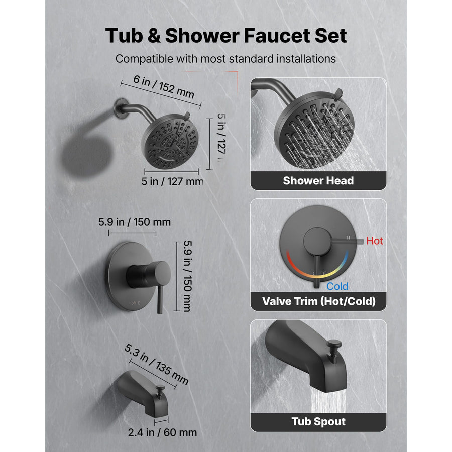 Tub and Shower Faucet Set, Complete with 127 mm Rainfall Shower Head and Bathtub Spout, 8-Setting Adjustable Spray, Single-Handle Tub Trim Kit with Brass Pressure Balancing Valve, Matte Black