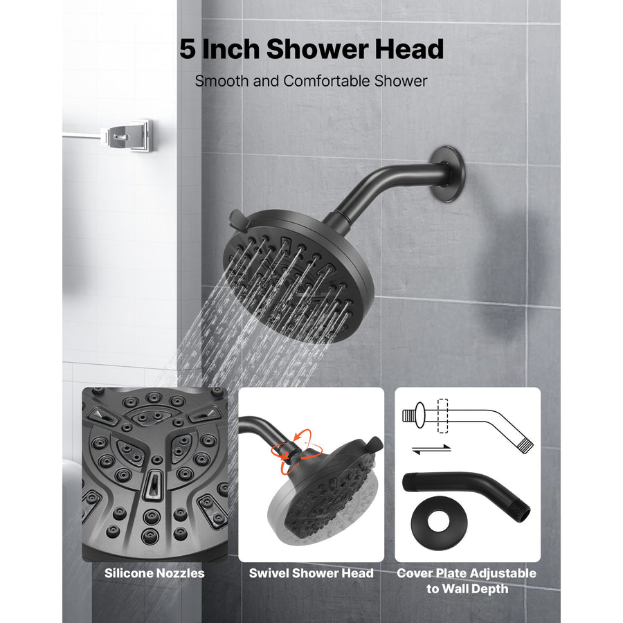 Tub and Shower Faucet Set, Complete with 127 mm Rainfall Shower Head and Bathtub Spout, 8-Setting Adjustable Spray, Single-Handle Tub Trim Kit with Brass Pressure Balancing Valve, Matte Black