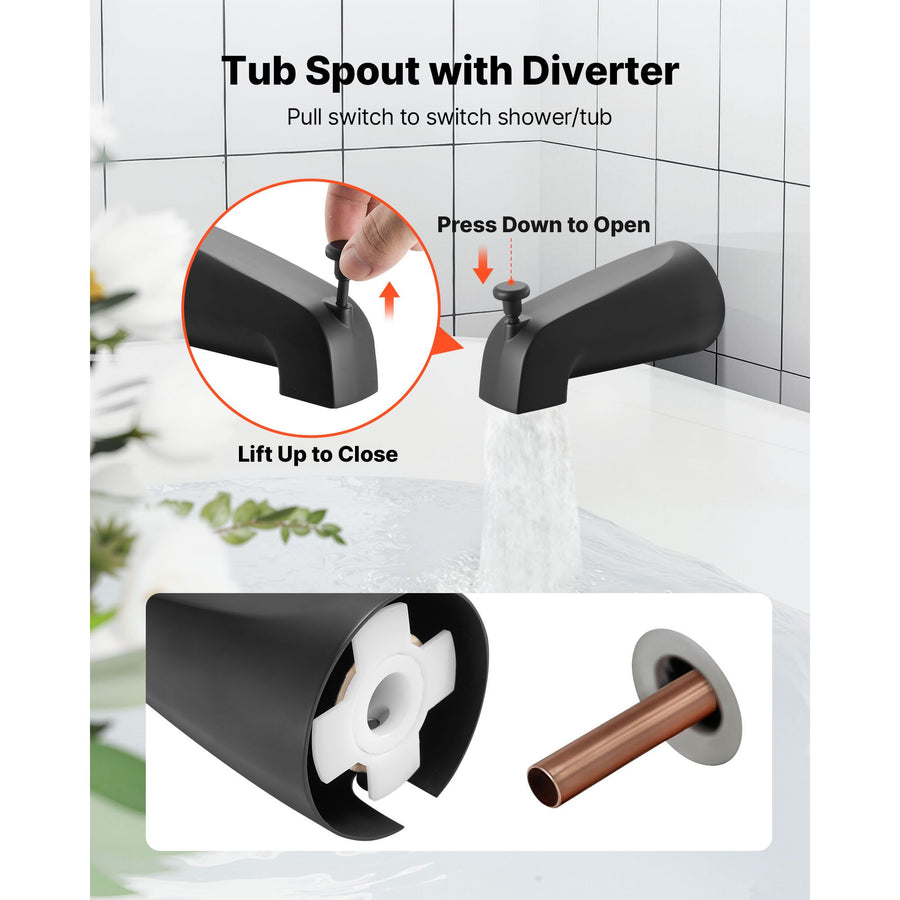 Tub and Shower Faucet Set, Complete with 127 mm Rainfall Shower Head and Bathtub Spout, 8-Setting Adjustable Spray, Single-Handle Tub Trim Kit with Brass Pressure Balancing Valve, Matte Black