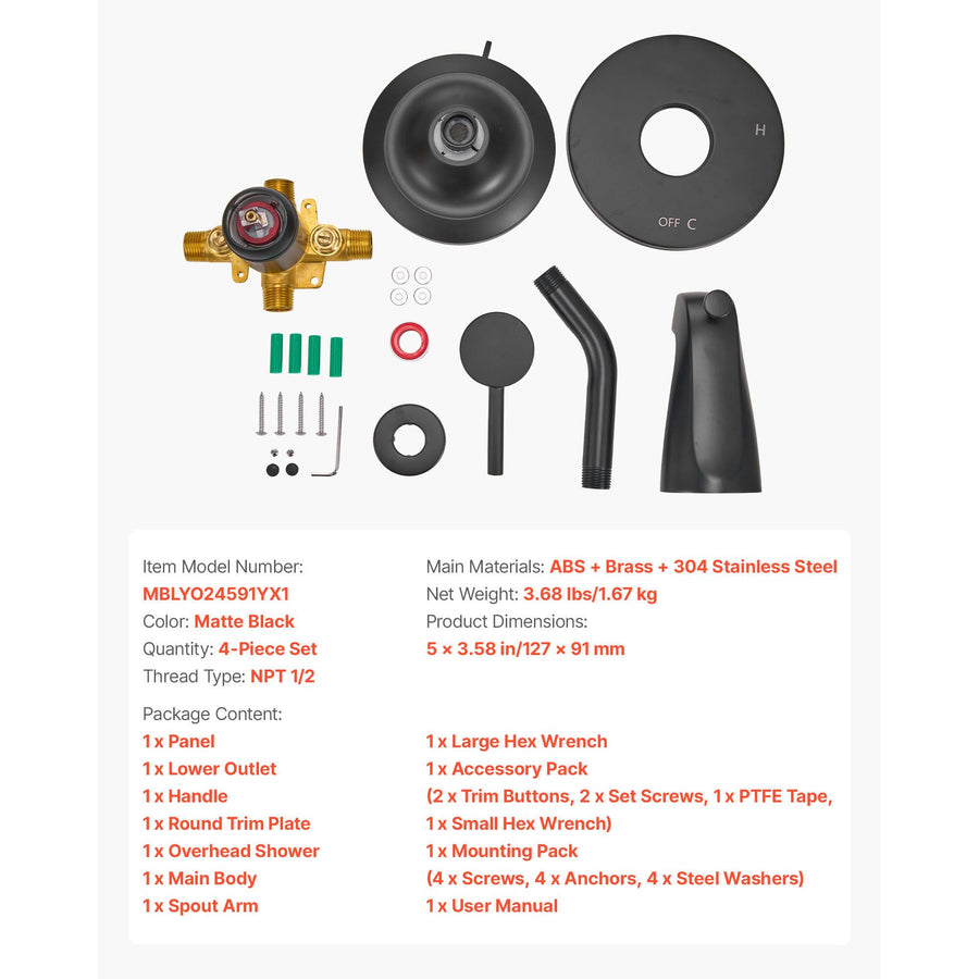 Tub and Shower Faucet Set, Complete with 127 mm Rainfall Shower Head and Bathtub Spout, 8-Setting Adjustable Spray, Single-Handle Tub Trim Kit with Brass Pressure Balancing Valve, Matte Black