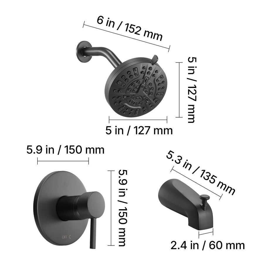 Tub and Shower Faucet Set, Complete with 127 mm Rainfall Shower Head and Bathtub Spout, 8-Setting Adjustable Spray, Single-Handle Tub Trim Kit with Brass Pressure Balancing Valve, Matte Black