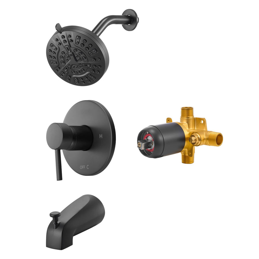Tub and Shower Faucet Set, Complete with 127 mm Rainfall Shower Head and Bathtub Spout, 8-Setting Adjustable Spray, Single-Handle Tub Trim Kit with Brass Pressure Balancing Valve, Matte Black
