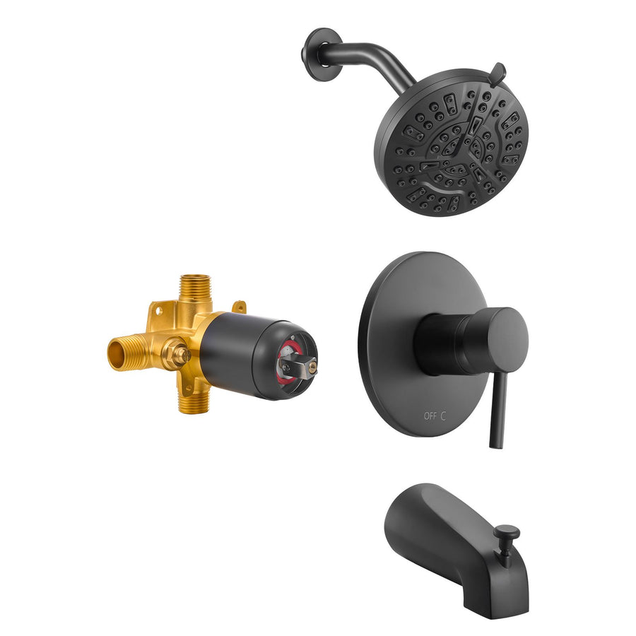 Tub and Shower Faucet Set, Complete with 127 mm Rainfall Shower Head and Bathtub Spout, 8-Setting Adjustable Spray, Single-Handle Tub Trim Kit with Brass Pressure Balancing Valve, Matte Black