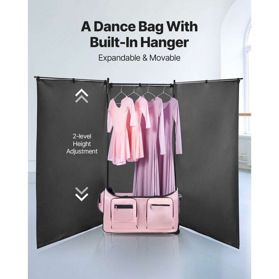 Dance Bag with Garment Rack, 736.6 mm Rolling Dance Duffel, with Wheels, USB Port, Height Adjustable Clothes Rack, Privacy Protection Curtain, Ideal for Travel and Competitions, Matte Pink