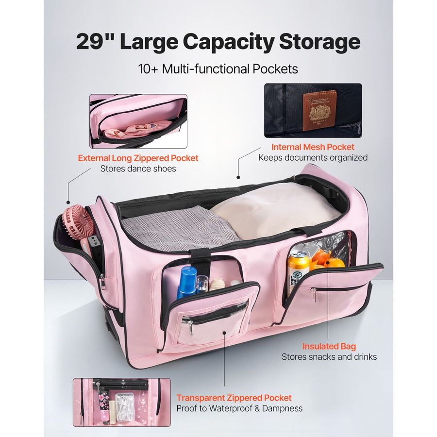 Dance Bag with Garment Rack, 736.6 mm Rolling Dance Duffel, with Wheels, USB Port, Height Adjustable Clothes Rack, Privacy Protection Curtain, Ideal for Travel and Competitions, Matte Pink
