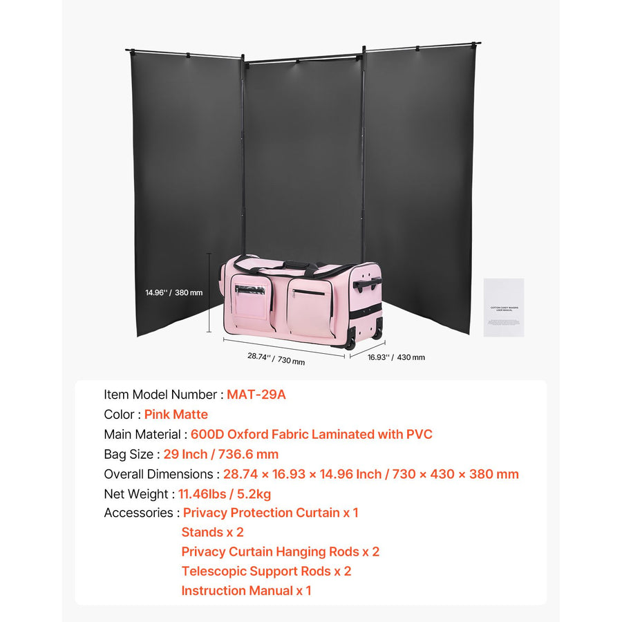 Dance Bag with Garment Rack, 736.6 mm Rolling Dance Duffel, with Wheels, USB Port, Height Adjustable Clothes Rack, Privacy Protection Curtain, Ideal for Travel and Competitions, Matte Pink