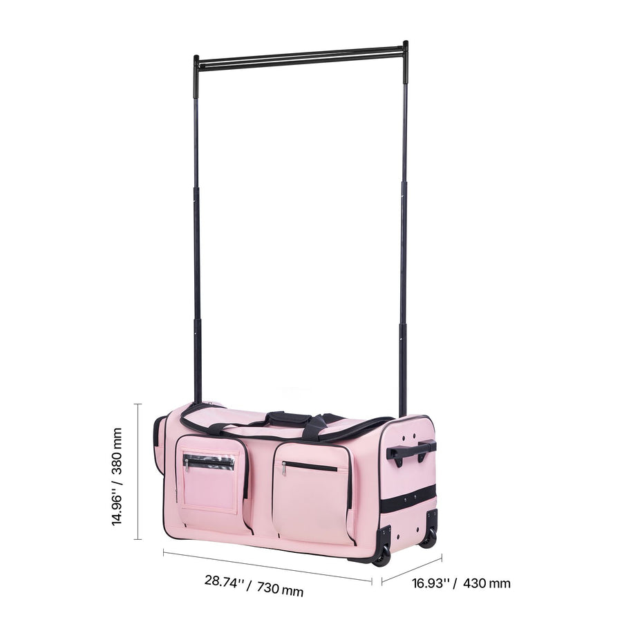 Dance Bag with Garment Rack, 736.6 mm Rolling Dance Duffel, with Wheels, USB Port, Height Adjustable Clothes Rack, Privacy Protection Curtain, Ideal for Travel and Competitions, Matte Pink