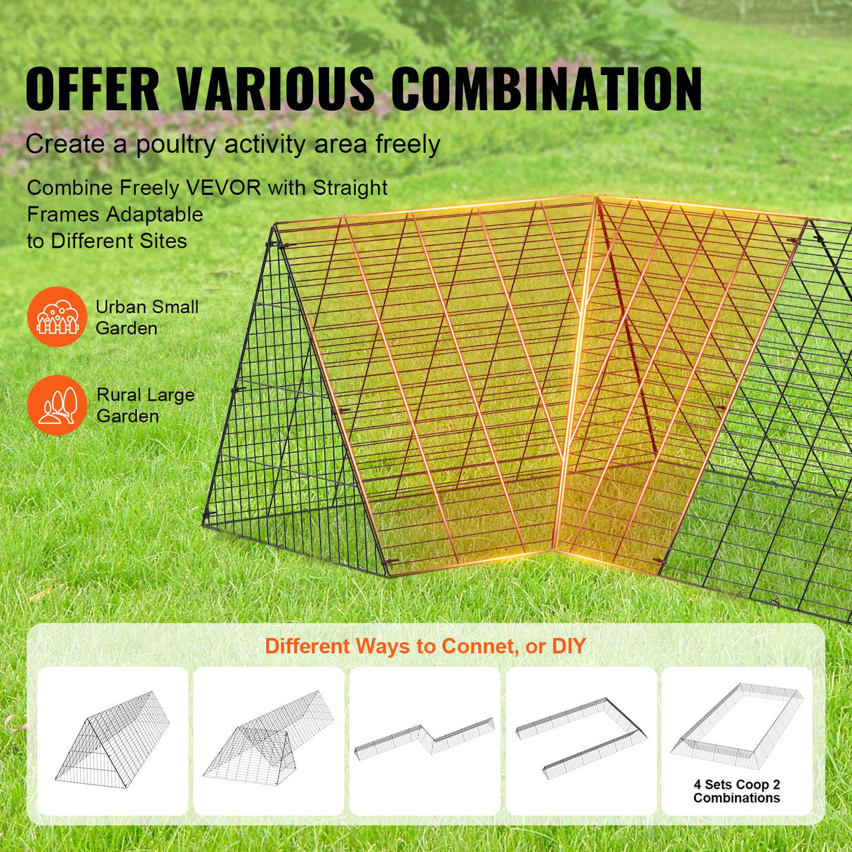 VEVOR Chicken Tunnels, 729 x 200 x 61.5cm(LxWxH) Chicken Tunnels for Yard, Portable Chicken Tunnels for Outside with Corner Frames, 2 Sets, Suitable for Chickens, Ducks, Rabbits