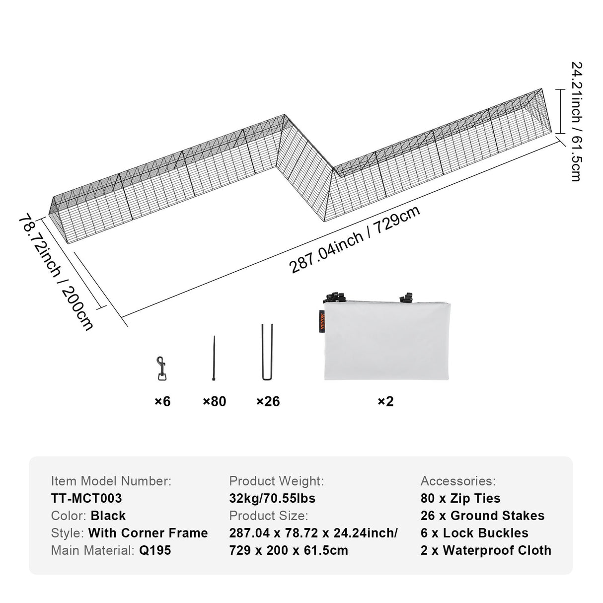 VEVOR Chicken Tunnels, 729 x 200 x 61.5cm(LxWxH) Chicken Tunnels for Yard, Portable Chicken Tunnels for Outside with Corner Frames, 2 Sets, Suitable