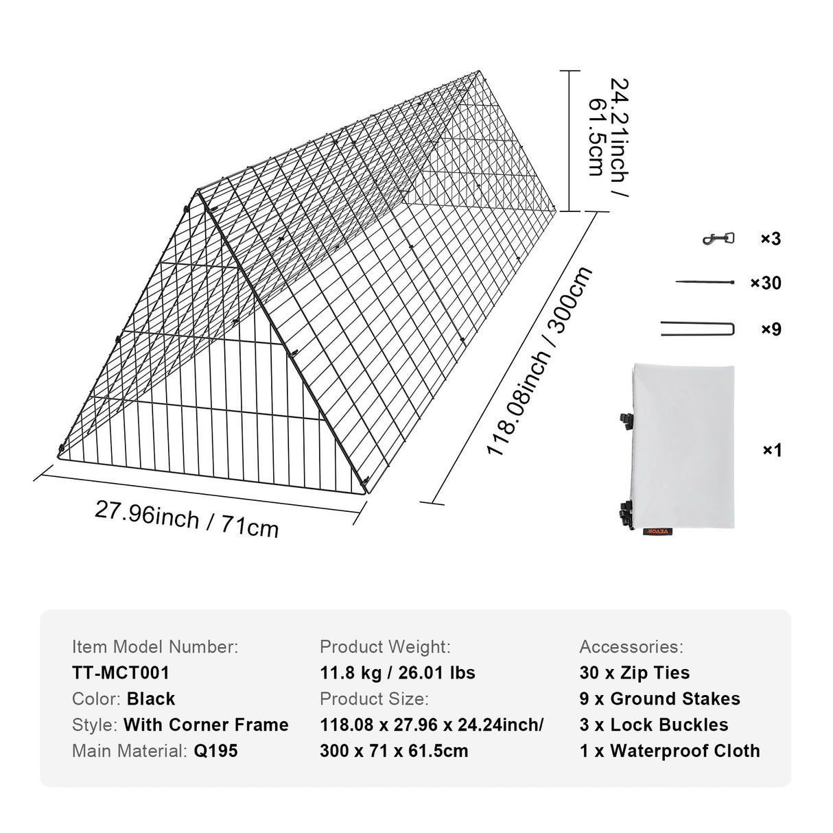 VEVOR Chicken Tunnels, 300 x 71 x 61.5cm (LxWxH) Chicken Tunnels for Yard, Portable Chicken Tunnels for Outside Easy Installation, Chicken Coop Run, Suitable for Chickens, Ducks, Rabbits