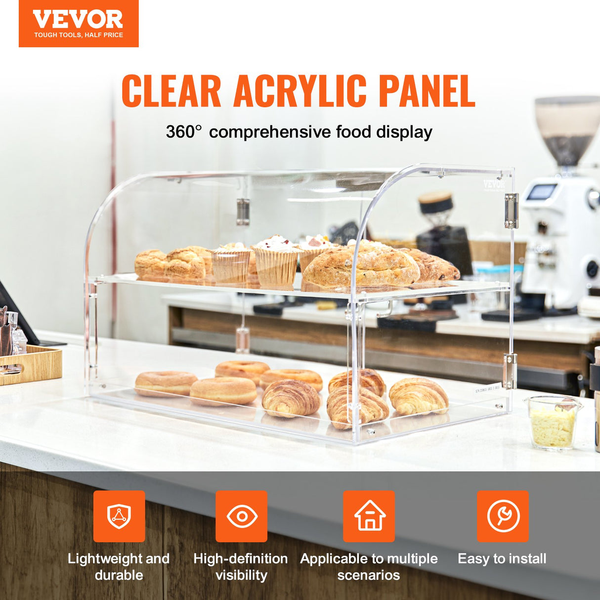 Pastry Display Case, 2-Tier Commercial Countertop Bakery Display Case, Acrylic Display Box with Rear Door Access & Removable Shelves, Keep Fresh for Donut Bagels Cake Cookie