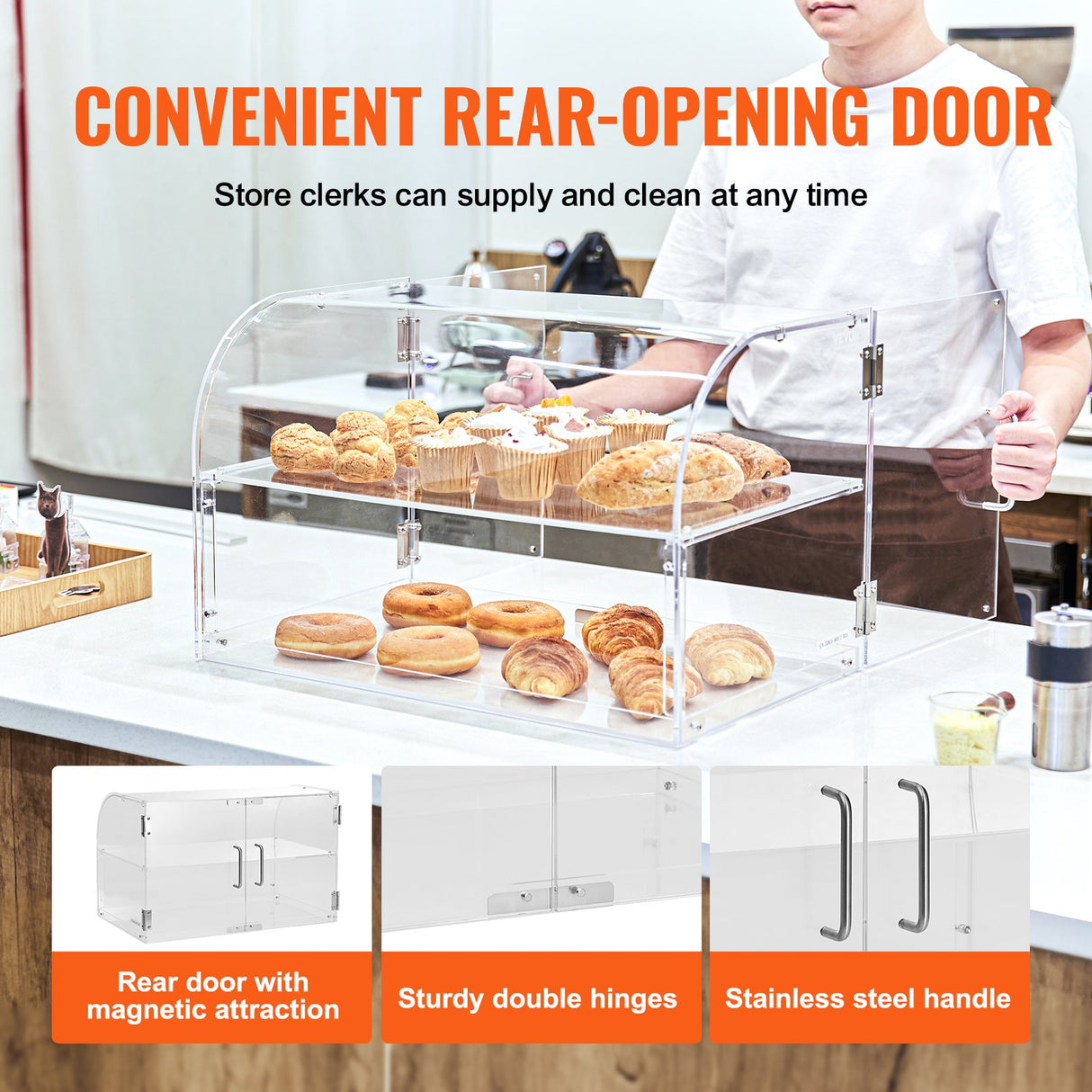 Pastry Display Case, 2-Tier Commercial Countertop Bakery Display Case, Acrylic Display Box with Rear Door Access & Removable Shelves, Keep Fresh for Donut Bagels Cake Cookie