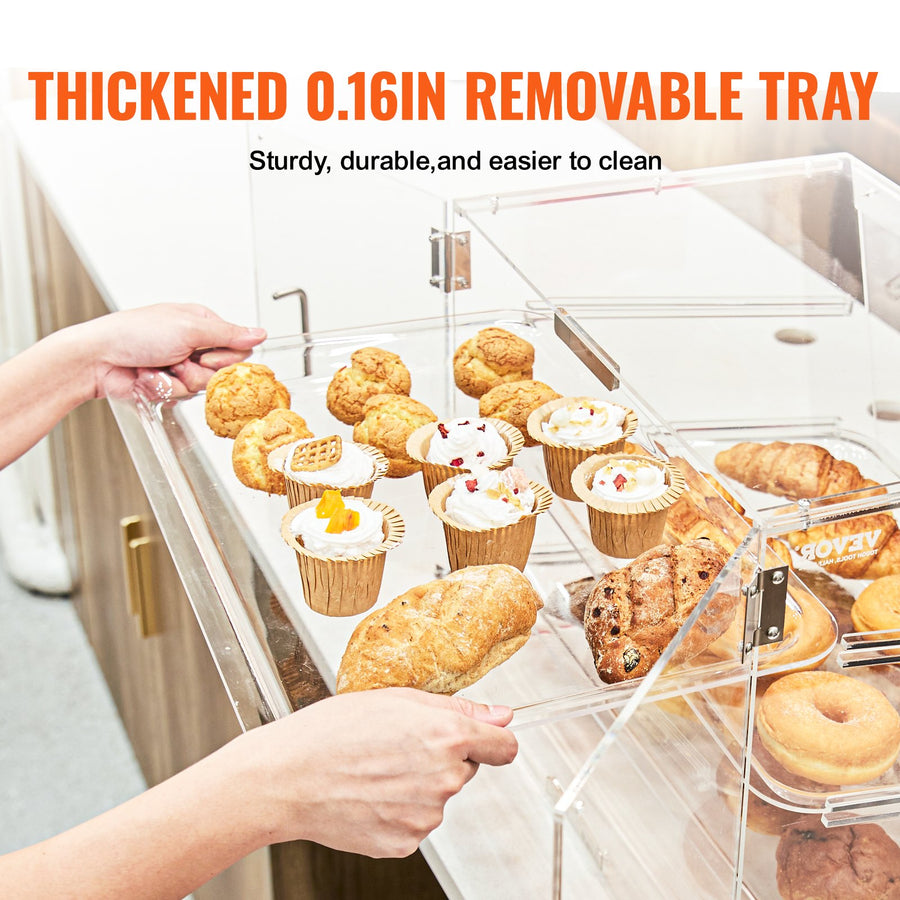Pastry Display Case, 3-Tier Commercial Countertop Bakery Display Case, Acrylic Display Box with Rear Door Access & Removable Shelves, Keep Fresh for Donut Bagels Cake Cookie