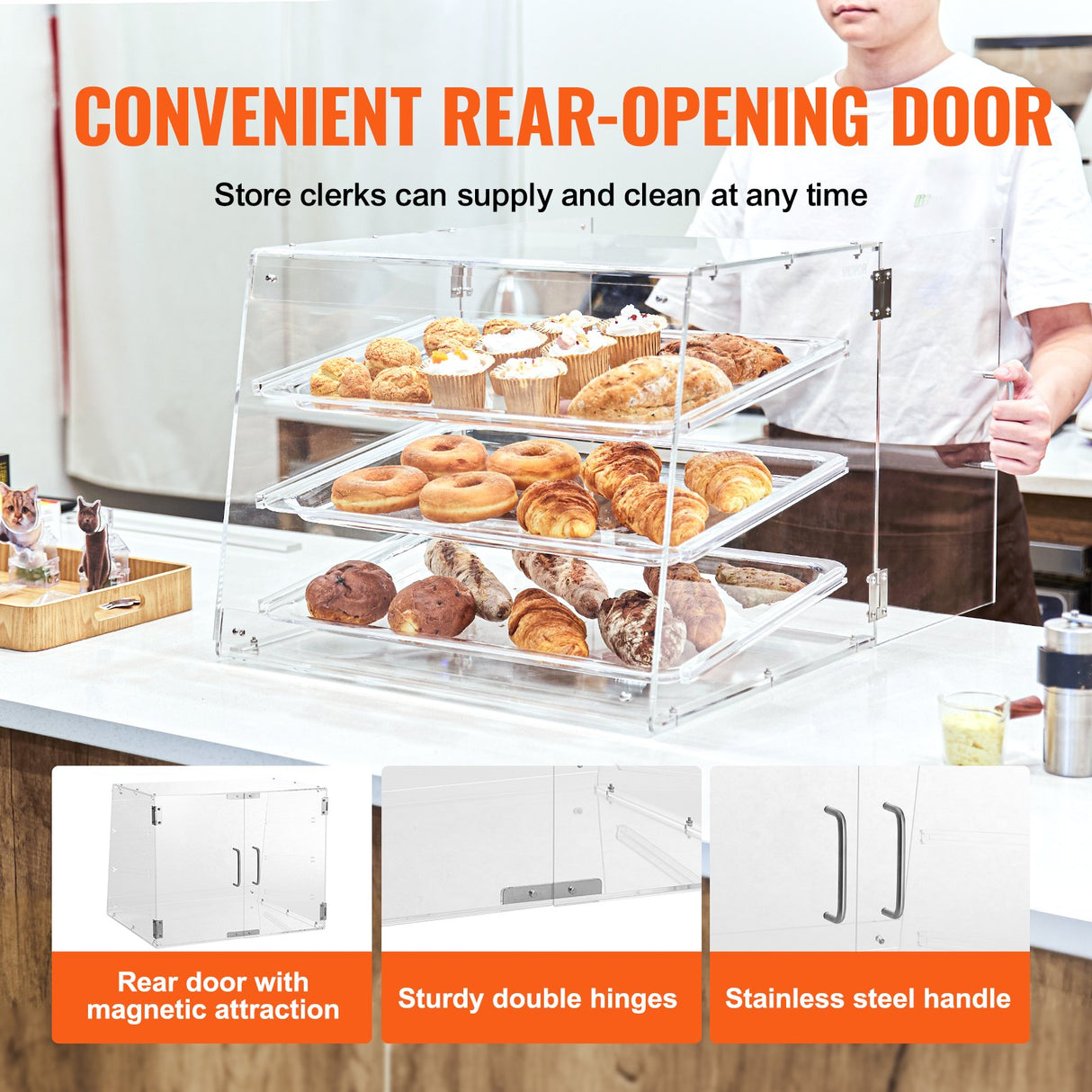 Pastry Display Case, 3-Tier Commercial Countertop Bakery Display Case, Acrylic Display Box with Rear Door Access & Removable Shelves, Keep Fresh for Donut Bagels Cake Cookie