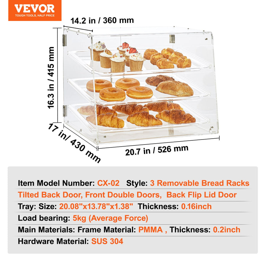 Pastry Display Case, 3-Tier Commercial Countertop Bakery Display Case, Acrylic Display Box with Rear Door Access & Removable Shelves, Keep Fresh for Donut Bagels Cake Cookie