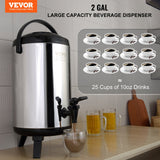 VEVOR Stainless Steel Insulated Beverage Dispenser, 7.6 Liter, Thermal Hot and Cold Drink Server Dispenser with Spigot Handle, Food-grade for Hot Tea Coffee Water Restaurant Drink Shop - Front View