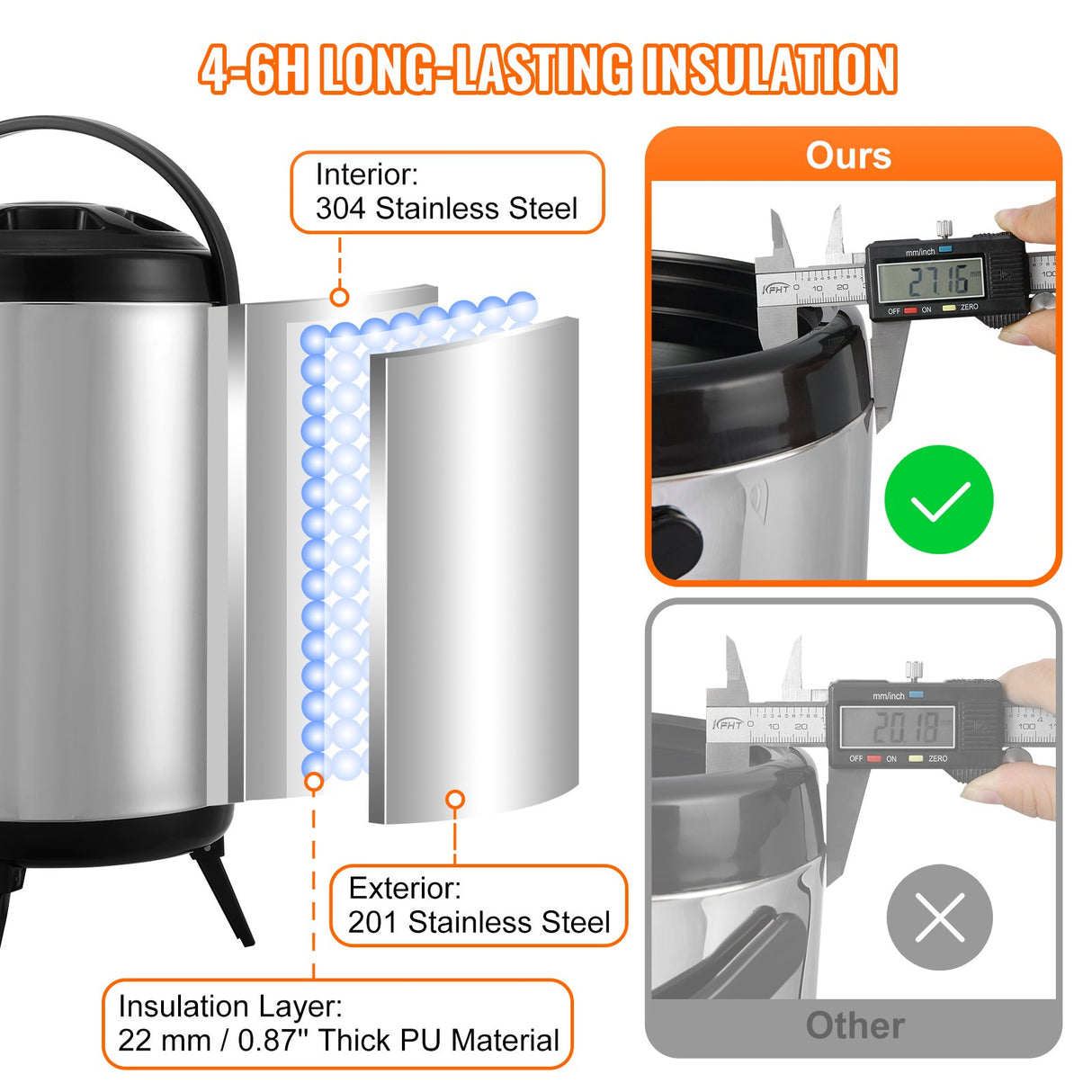 VEVOR Stainless Steel Insulated Beverage Dispenser, 7.6 Liter, Thermal Hot and Cold Drink Server Dispenser with Spigot Handle, Food-grade for Hot Tea Coffee Water Restaurant Drink Shop