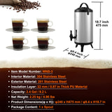 VEVOR Stainless Steel Insulated Beverage Dispenser, 9.2 Liter, Thermal Hot and Cold Drink Server Dispenser with Spigot Handle, Food-grade for Hot Tea Coffee Water Restaurant Drink Shop - Close-Up Angle