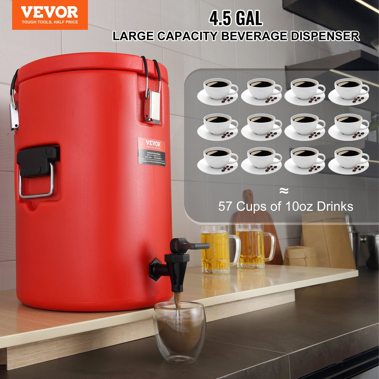 VEVOR Stainless Steel Insulated Beverage Dispenser, 17.2 Liter, Thermal Hot and Cold Drink Server Dispenser with Spigot Handle, Food-grade for Hot Tea Coffee Water Restaurant Drink Shop