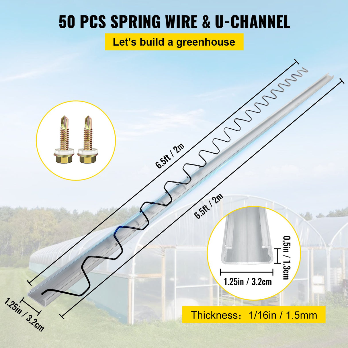 VEVOR Spring Wire and Lock Channel, 2m Spring Lock & U-Channel Bundle for Greenhouse, 50 Packs PE Coated Spring Wire & Aluminum Alloy Channel, Plastic Poly Film or Shade Cloth Attachment with Scre