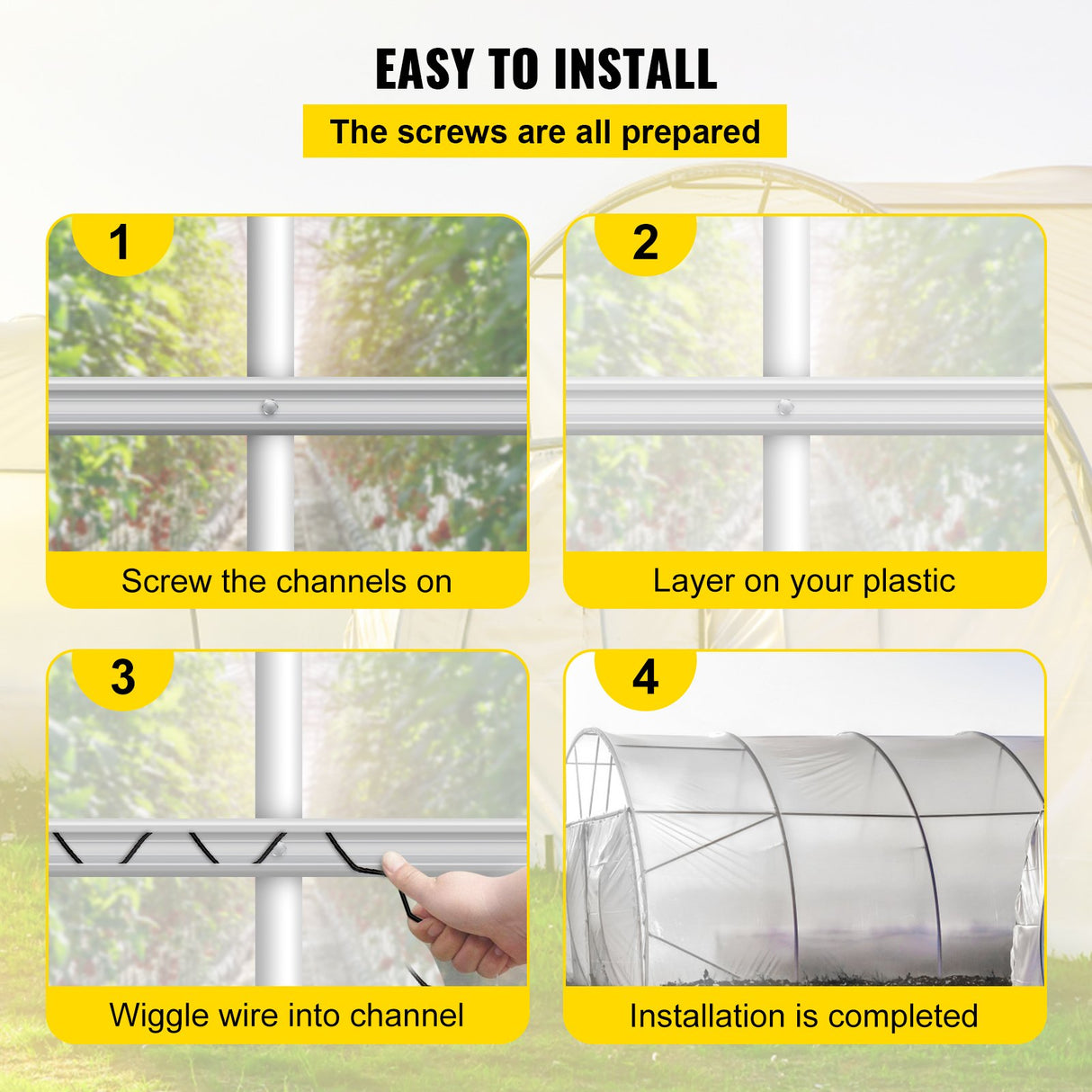 VEVOR Spring Wire and Lock Channel, 2m Spring Lock & U-Channel Bundle for Greenhouse, 50 Packs PE Coated Spring Wire & Aluminum Alloy Channel, Plastic Poly Film or Shade Cloth Attachment with Scre
