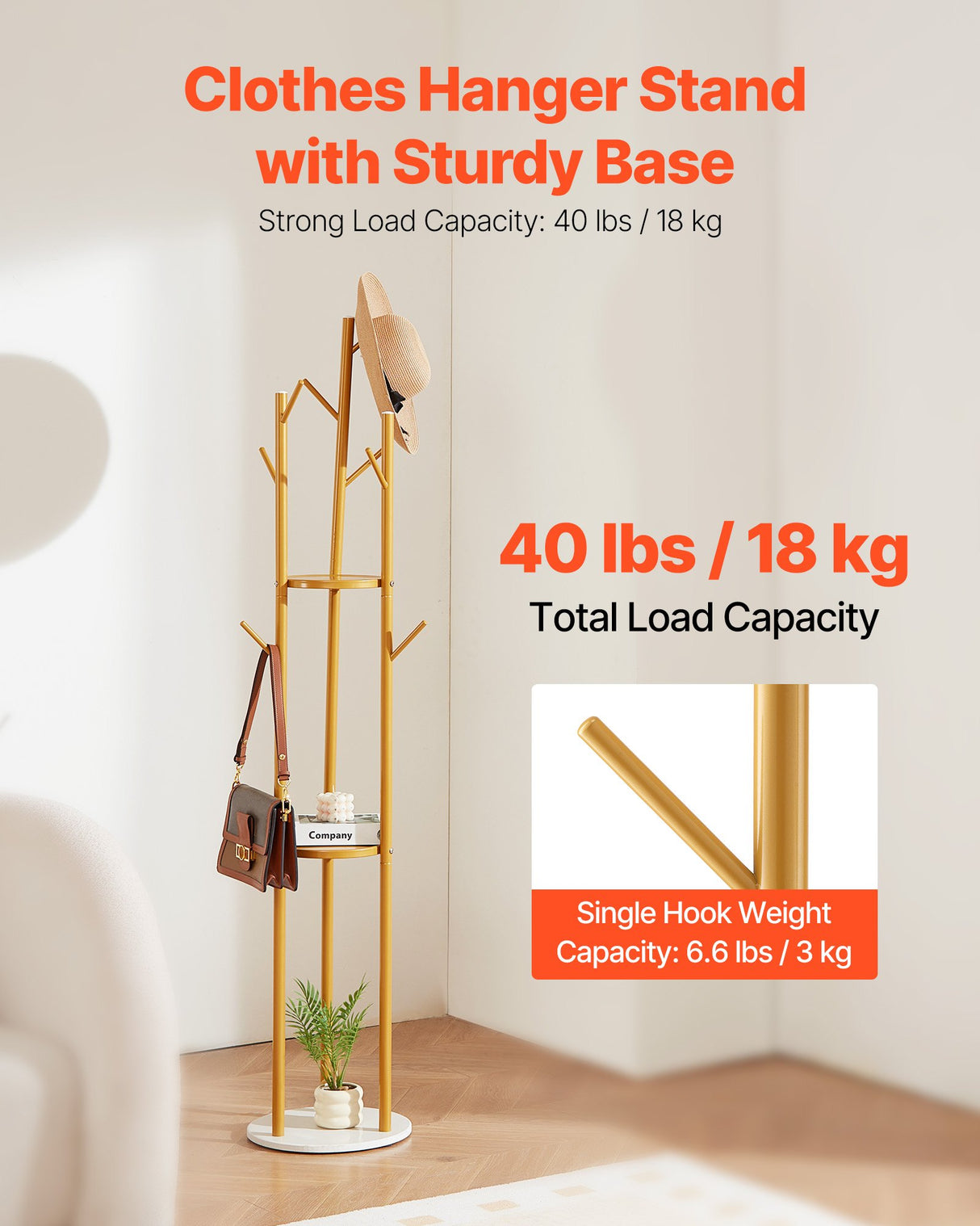 Coat Rack, Freestanding Coat Rack Stand with Quartz Stone Base & 9 Hooks, Free Standing Hall Coat Tree for Entryway, Bedroom, Office, Living Room, Modern Clothes Hanger for Coat, Hat, Scarf, Bag