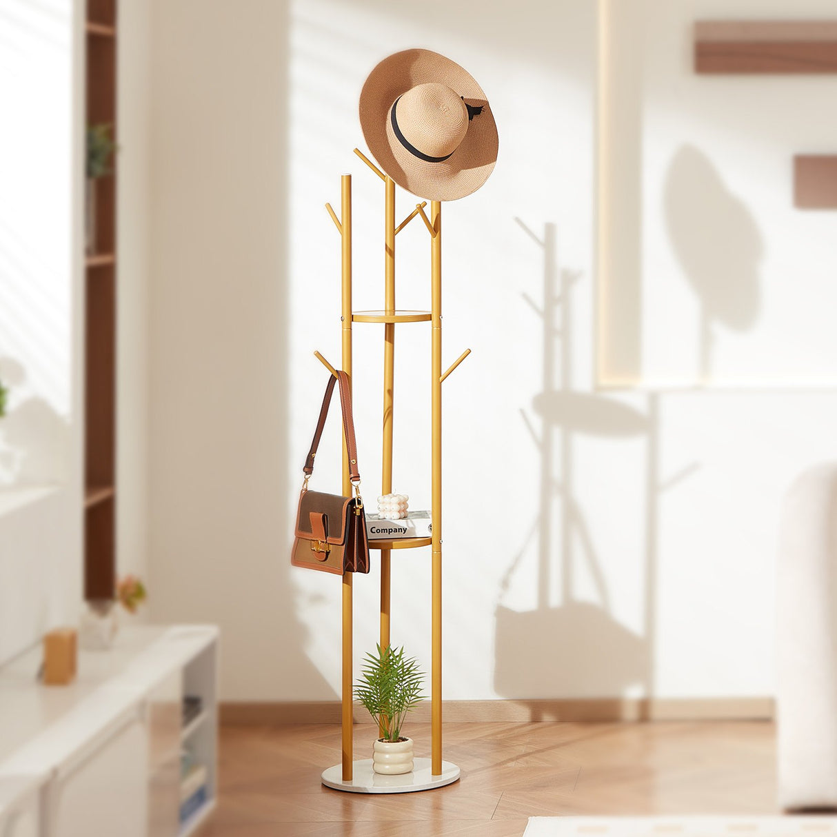Coat Rack, Freestanding Coat Rack Stand with Quartz Stone Base & 9 Hooks, Free Standing Hall Coat Tree for Entryway, Bedroom, Office, Living Room, Modern Clothes Hanger for Coat, Hat, Scarf, Bag