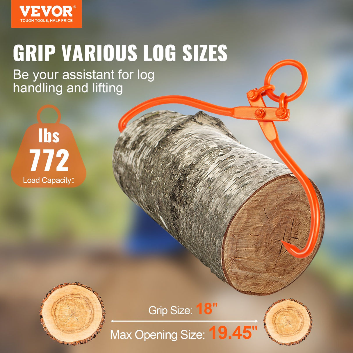 VEVOR Log Skidding Tongs, 18 inch 2 Claw Log Lifting Tongs, Heavy Duty Steel Lumber Skidding Tongs, 772 lbs/350 kg Loading Capacity, Log Lifting,