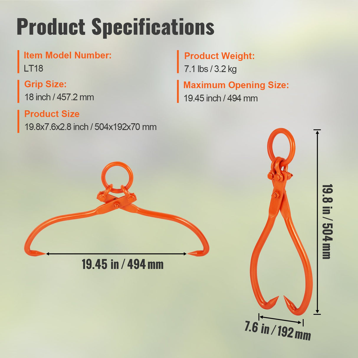 VEVOR Log Skidding Tongs, 18 inch 2 Claw Log Lifting Tongs, Heavy Duty Steel Lumber Skidding Tongs, 772 lbs/350 kg Loading Capacity, Log Lifting,