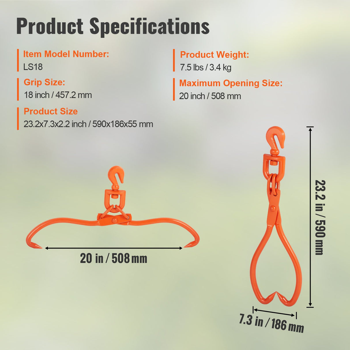VEVOR Log Skidding Tongs, 45.7cm 2 Claw Log Lifting Tongs, Heavy Duty Rotating Steel Lumber Skidding Tongs, 350 kg Loading Capacity, Log Lifting,