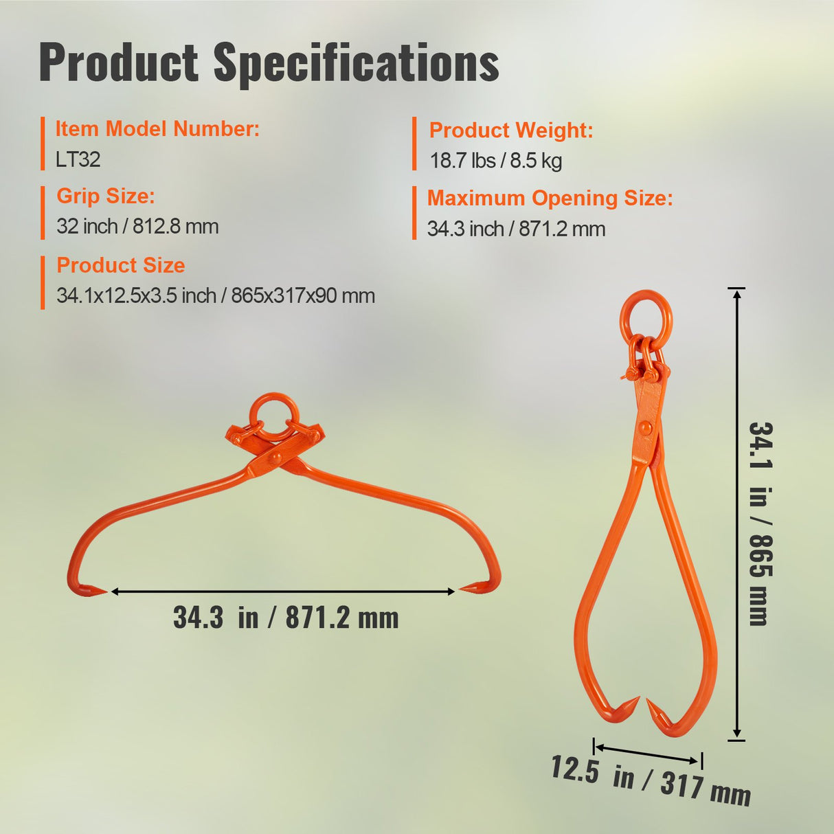 VEVOR Log Skidding Tongs, 81.3cm 2 Claw Log Lifting Tongs, Heavy Duty Steel Lumber Skidding Tongs, 700 kg Loading Capacity, Log Lifting, Handling, Dragging & Carrying Tool