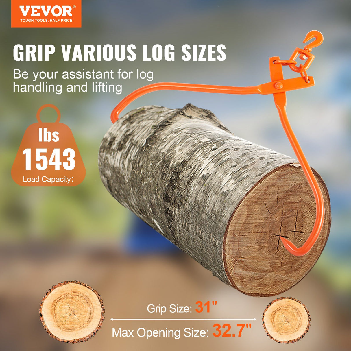 VEVOR Log Skidding Tongs, 81.3cm 2 Claw Log Lifting Tongs, Heavy Duty Rotating Steel Lumber Skidding Tongs, 700 kg Loading Capacity, Log Lifting,