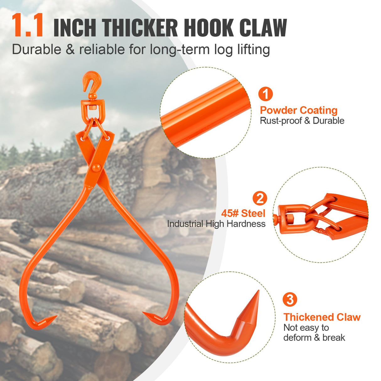 VEVOR Log Skidding Tongs, 81.3cm 2 Claw Log Lifting Tongs, Heavy Duty Rotating Steel Lumber Skidding Tongs, 700 kg Loading Capacity, Log Lifting,