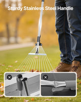 Leaf Rake, 15 Metal Tines, Adjustable Garden Rake for Lawns with 19-57 cm Wide Head and 81.3-160 cm Long Handle, Heavy Duty Stainless Steel Small Leaves Tool for Gardening Camping Yard Grass