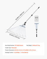 Leaf Rake, 15 Metal Tines, Adjustable Garden Rake for Lawns with 19-57 cm Wide Head and 81.3-160 cm Long Handle, Heavy Duty Stainless Steel Small Leaves Tool for Gardening Camping Yard Grass