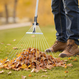 VEVOR Leaf Rake, 15 Metal Tines, Adjustable Garden Rake for Lawns with 19-57 cm Wide Head and 81.3-160 cm Long Handle, Heavy Duty Stainless Steel Small Leaves Tool for Gardening Camping Yard Grass - Low Angle