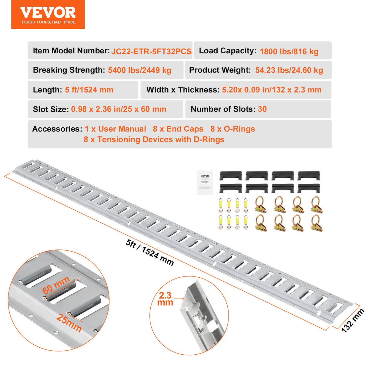 VEVOR E Track Tie-Down Rail Kit, 24PCS 1524 mm E-Tracks Set Includes 8 Steel Rails & 8 O-Rings & 8 Tie-Offs with D-Ring, Versatile Trailer Securing