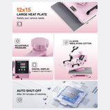 VEVOR Heat Press Machine 12x15 in 5 in 1 with 30oz Tumbler Press T-Shirts Pink - Rear View