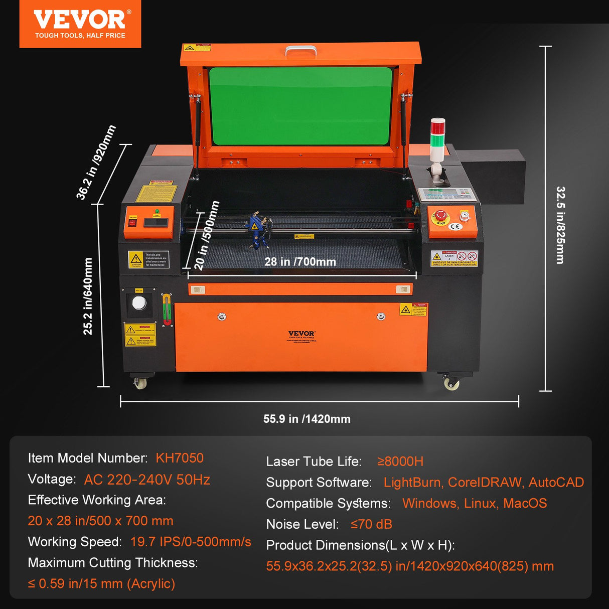 80W CO2 Laser Engraver, 500 x 700 mm, 19.7 IPS Laser Cutter Machine with 2-Way Pass Air Assist, Compatible with LightBurn, CorelDRAW, AutoCAD, Windows, Mac OS, Linux, for Wood Acrylic Fabric