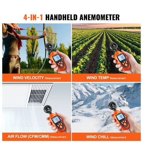 Handheld Anemometer, -10℃ to 45℃, Digital Wind Speed Meter Gauge with LED Backlight Screen, Measures Wind, LED Lights